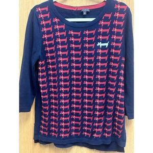 Talbots Cotton Blend Scottie Dog Navy Red Crew Neck Sweater 3/4 Sleeve Medium